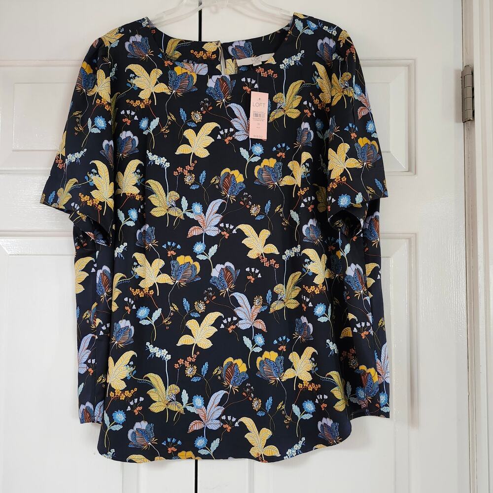 Ann Taylor Loft Plus NWT navy yellow floral short sleeve light blouse top sz 18